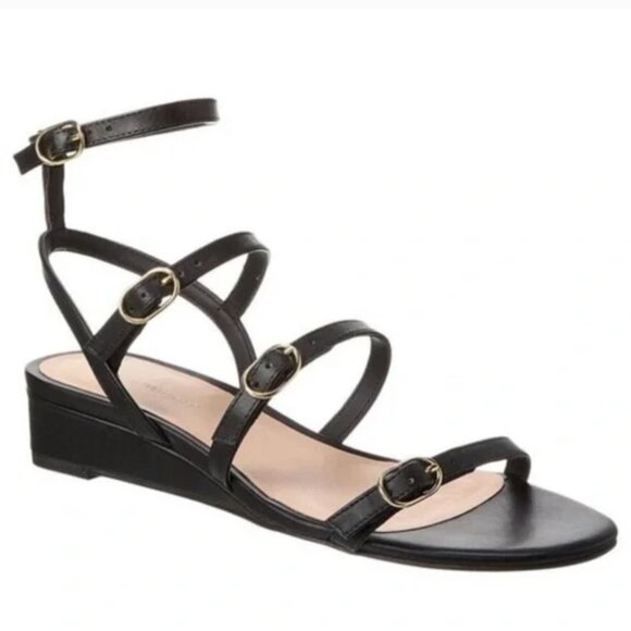 Stuart Weitzman Grecian Buckle Wedge Sandal In Black Leather - Picture 1 of 6